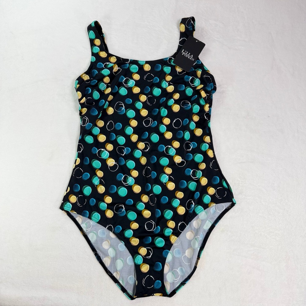 Ulla Popken Polka Dot One Piece Tank Swimsuit Black Multi Color 18/20
